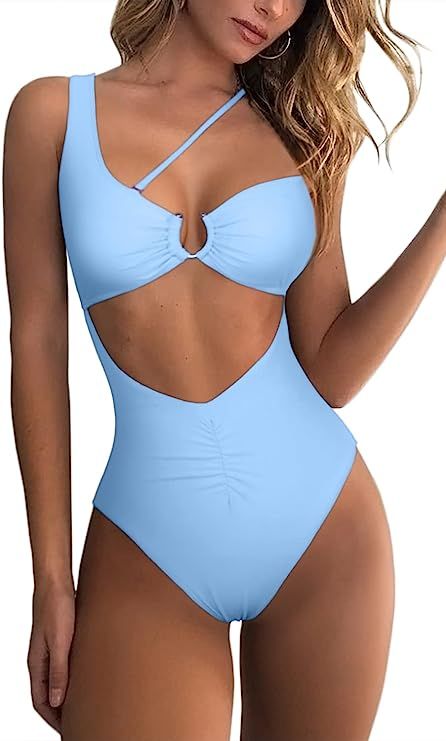 QINSEN Womens One Shoulder Cutout Ruched Back High Cut Monokini One Piece Swimsuit | Amazon (US)
