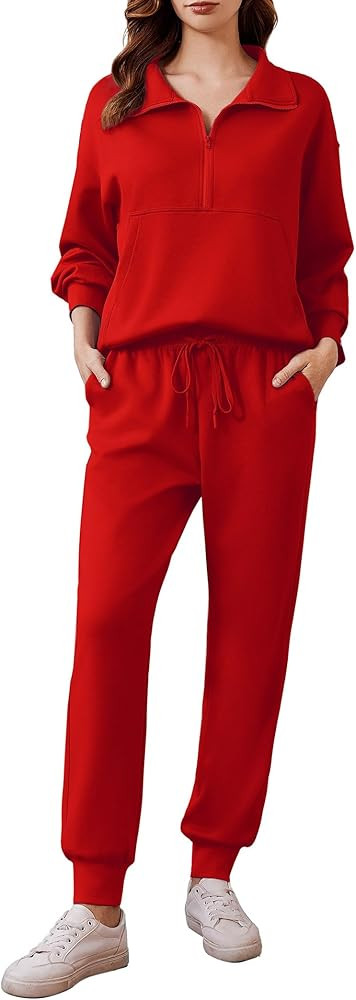 PINSPARK 2 Piece Sets for Women 2025 Fall Travel Outfits Long Sleeve Tracksuit Joggers Sets Half ... | Amazon (US)