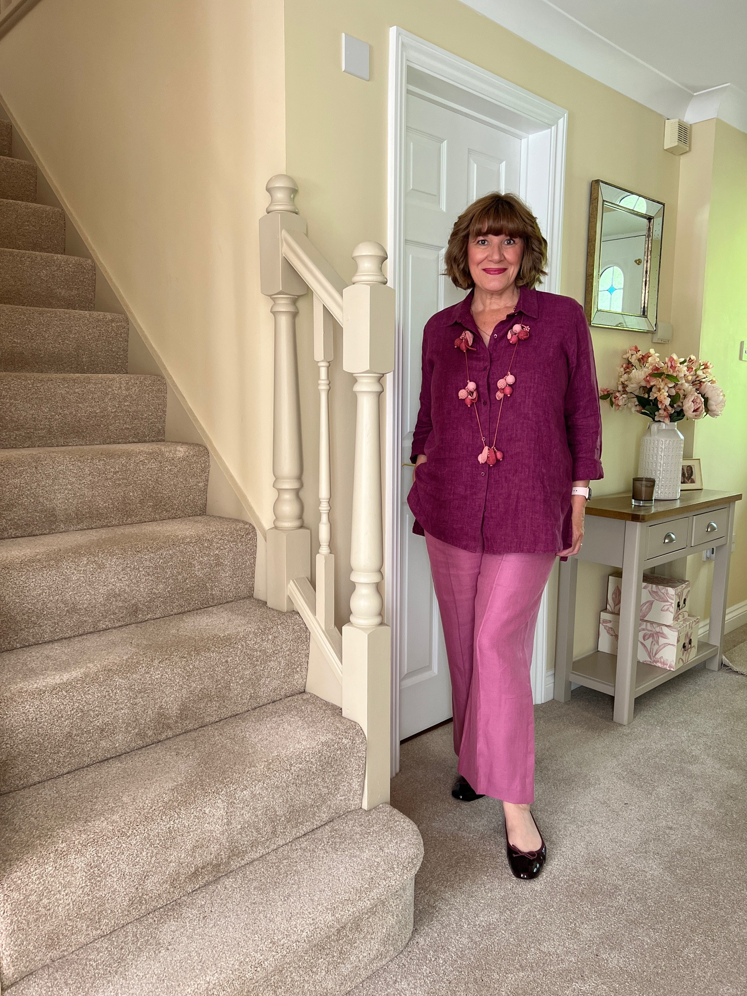 Purple linen shirt, pink linen trousers, crochet necklace, black ballet pumps

#LTKeurope #LTKSeasonal #LTKstyletip