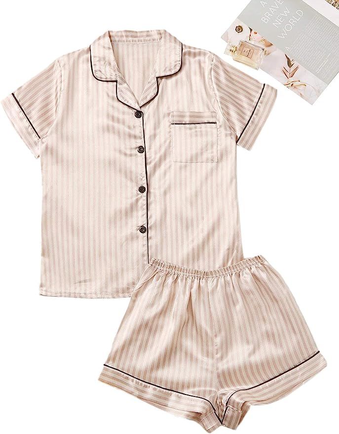 Floerns Women's 2 Piece Satin Striped Notched Collar Button Front Short Pajama Set | Amazon (US)