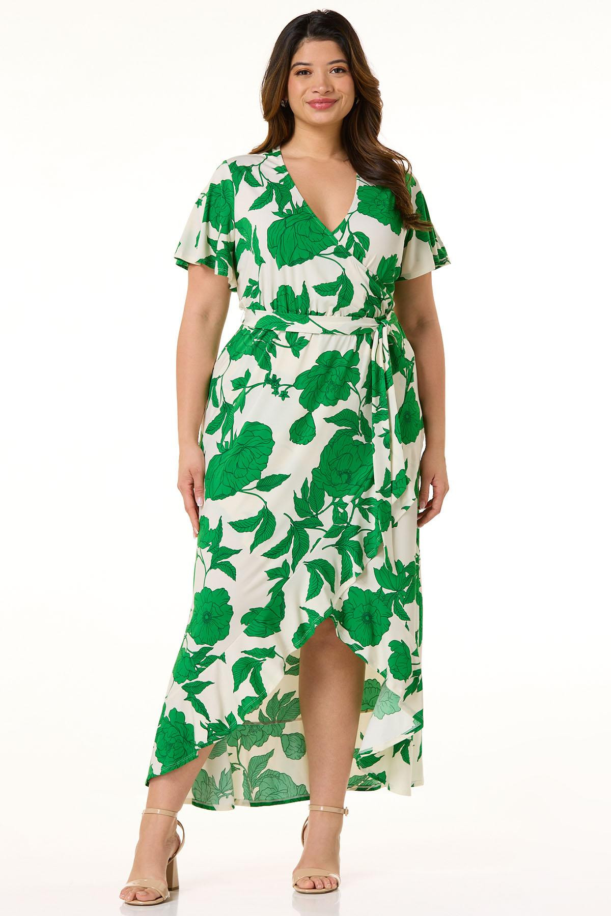 Plus Size Ruffled Emerald Floral Dress | Cato Fashions