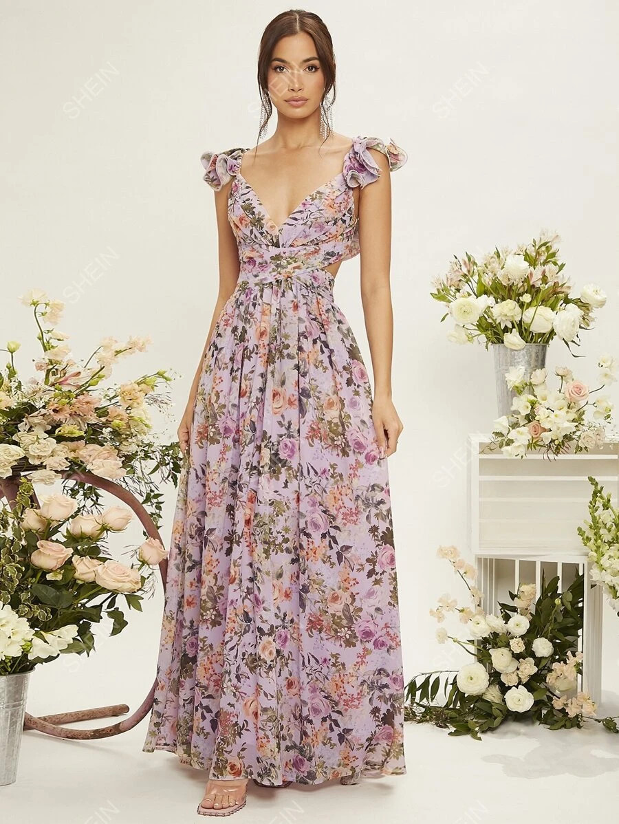 SHEIN Belle Floral Print Sweetheart Neck Lace Up Backless Ruffle Trim Dress | SHEIN