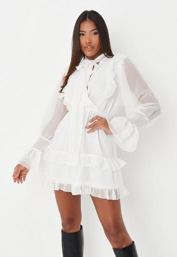 Missguided - White Tie Neck Frill Mini Dress | Missguided (US & CA)