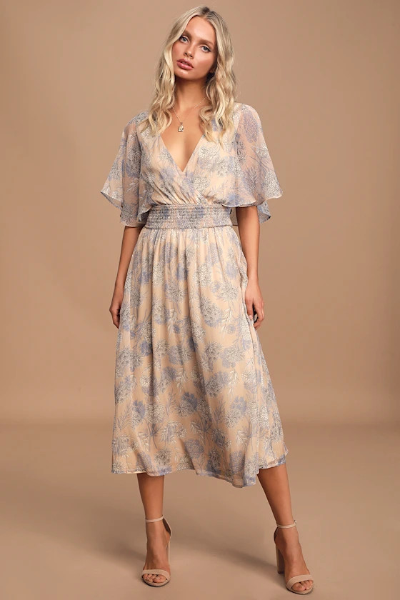 Subtle Romance Beige Floral Print Ruffled Midi Dress | Lulus (US)