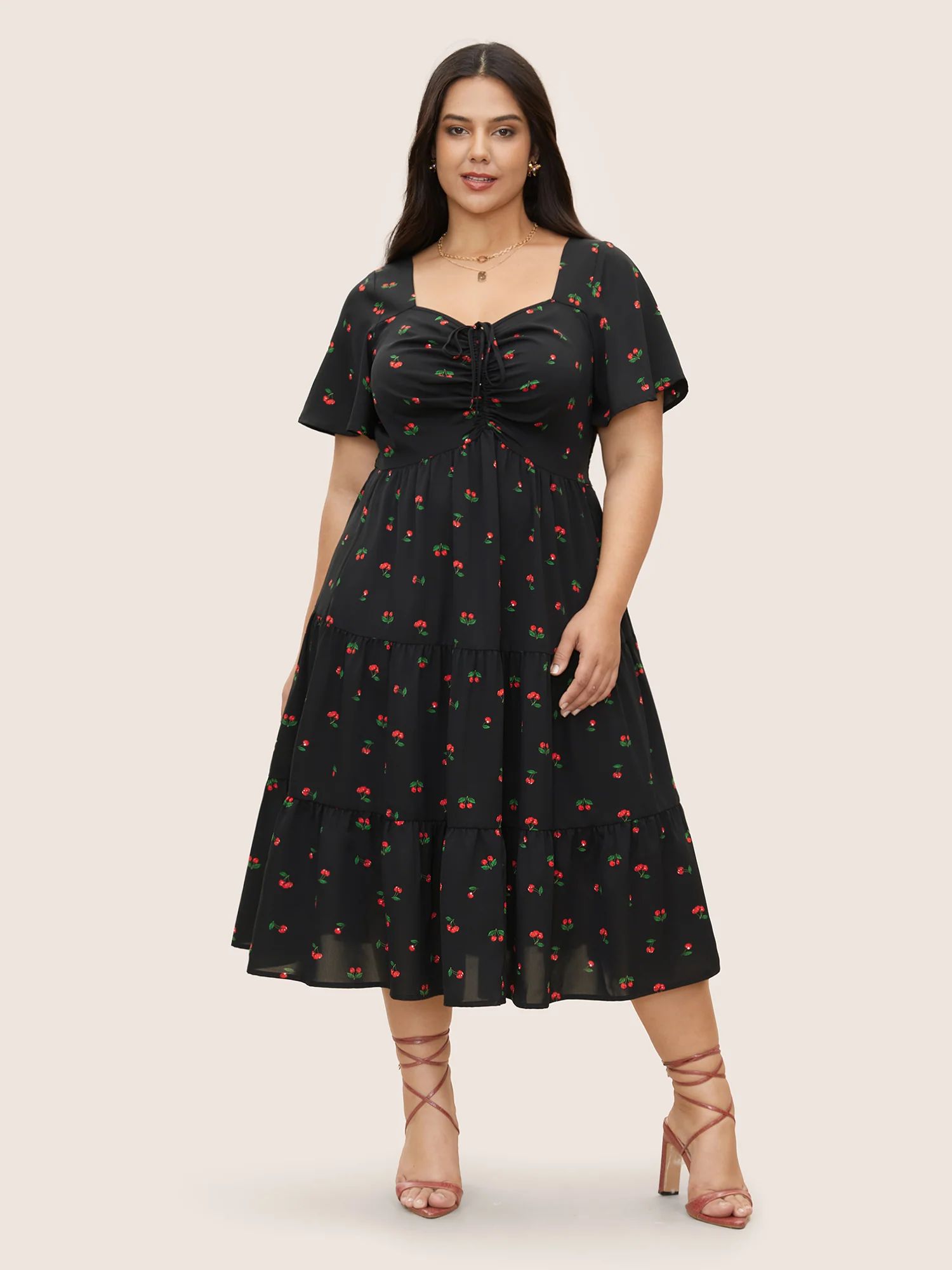 Citrus Fruit Print Heart Neckline Drawstring Pleated Dress | Bloomchic