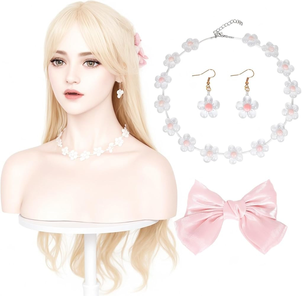 Askuang Big Pink Bow Hair Clip+Flower Necklace+Earrings Girls Costume Dress Up Accessories for Gi... | Amazon (US)