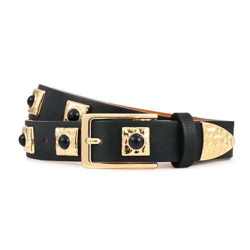 RISANTRY Black Belt for Women Fashionable Gold Buckle with Gold Metal Accents Casual Style for Jeans and Dresses | Amazon (US)