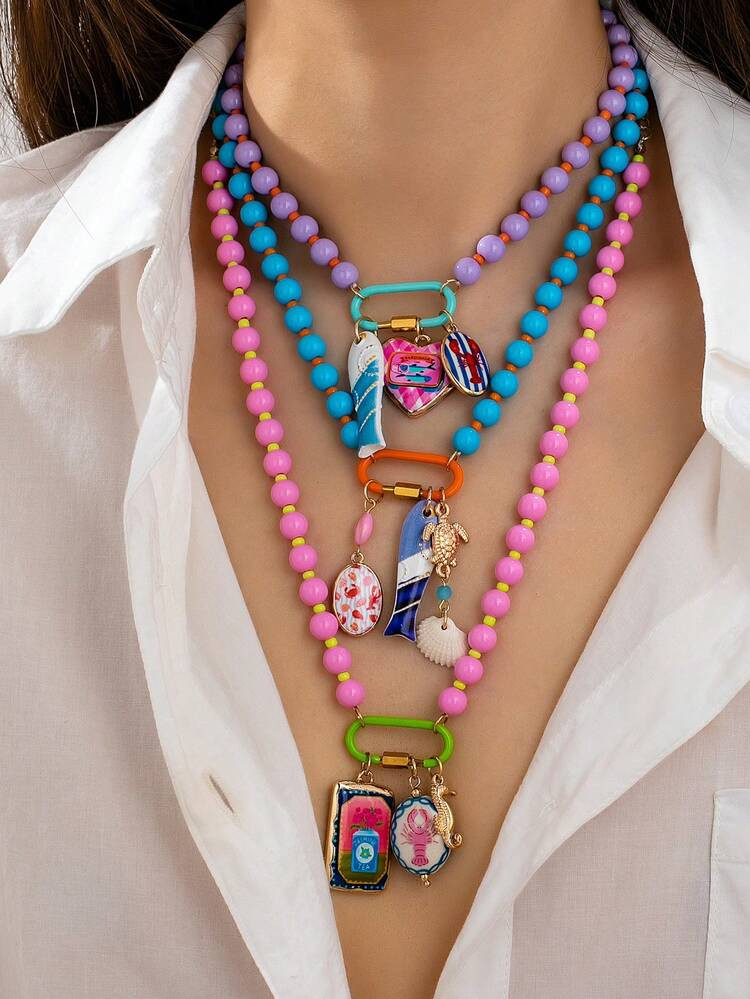1pc Colorful Resin Beaded Necklace With Carabiner Pendant, Bohemian Enamel Heart-Shaped Fish Pend... | SHEIN