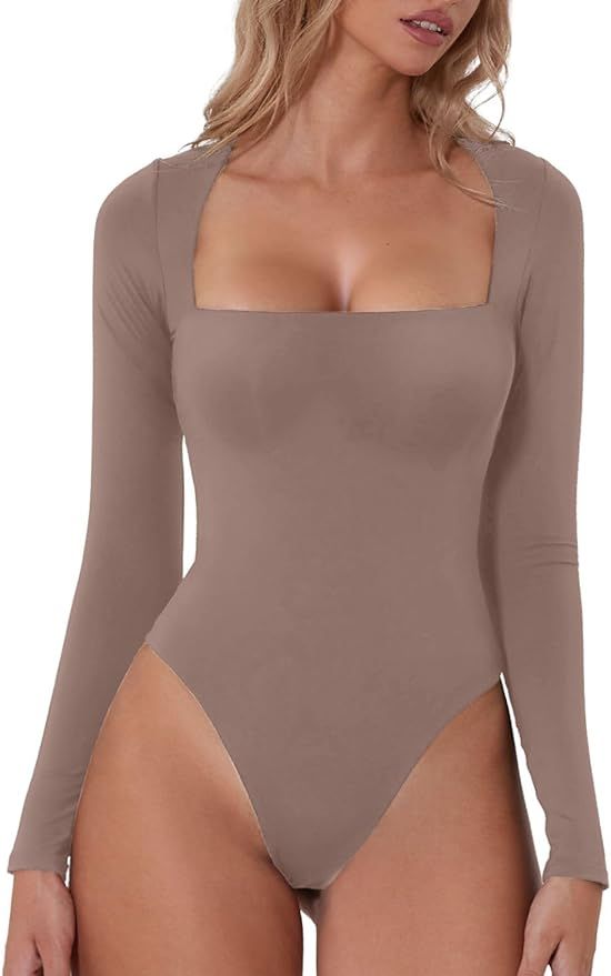QINSEN Women's Sexy Square Neck Bodysuit Long Sleeve Double Lined Shirt Tops | Amazon (US)