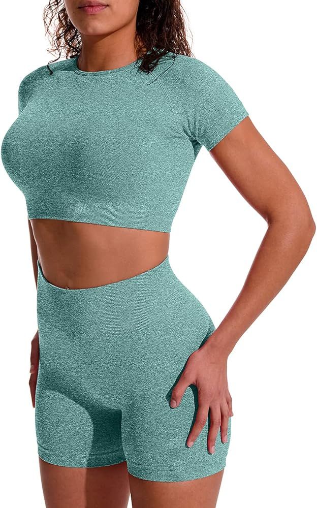 OYS Women's Yoga 2 Piece Outfits Workout Running Crop Top Seamless High Waist Sports Shorts Sets | Amazon (US)