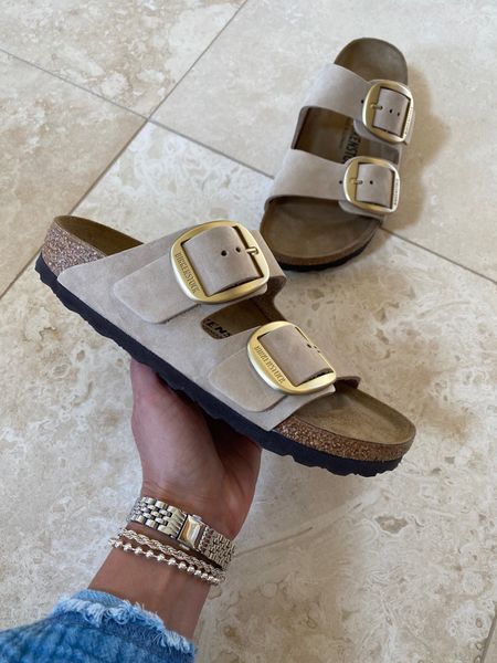Restocked- Big buckle Birkenstock. I love the gold with the new neutral color. True to size for Birkenstock. 
Slide sandals. 
Summer. Vacation  
Code HINTOFGLAM to save on jewelry 

#LTKshoecrush #LTKtravel #LTKstyletip