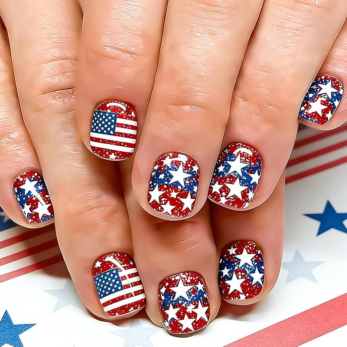 4th Of July Press On Nails Short Square Fake Nails Independence Day False Nail Press Ons Star Wit... | Amazon (US)