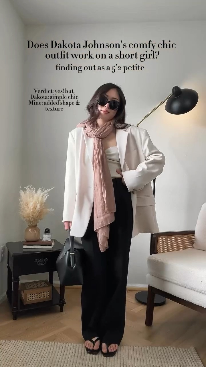 Another chic minimalist look from the style queen,  Dakota Johnson 🫶🏼! Today we are finding out if this simple, cropped cardigan and high-waist trousers outfit will look the same on a 5’2 body—anddddddd maybe a little twist from yours truly to really optimize that chic style 😉 who’s did you prefer? 

🔗 Outfit specifics always linked in bio → LTK @amandacapsulewardrobe
⸻

#chicoutfit #petitestyle #pintereststyle #dakotajohnsonstyle #capsulewardrobechallenge recreating Pinterest outfits, recreating celebrity outfits, is it the outfit or is she just tall, Pinterest outfit inspiration, chic minimalist style, capsule closet inspiration, how to style a button up cardigan, how to style high rise trousers, thong sandals, casual street style, effortless looks, timeless outfit ideas, Dakota Johnson chic minimalist style, casual street style looks, chic scarf looks, short girl styles, petite styling, 5’2 height, 157cm height