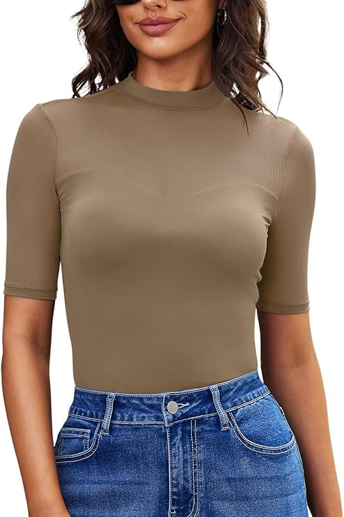 Women Double Lined Mesh Tops Mock Neck Short Sleeve Shirt Sexy Sheer Tees | Amazon (US)