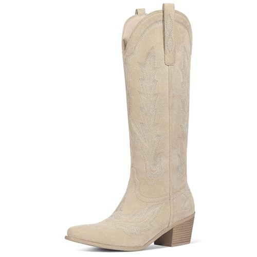 Ouepiano Cowboy Boots for Women Knee High Cowgirl Boots with Embroidered, Beige, 6.5 | Amazon (CA)