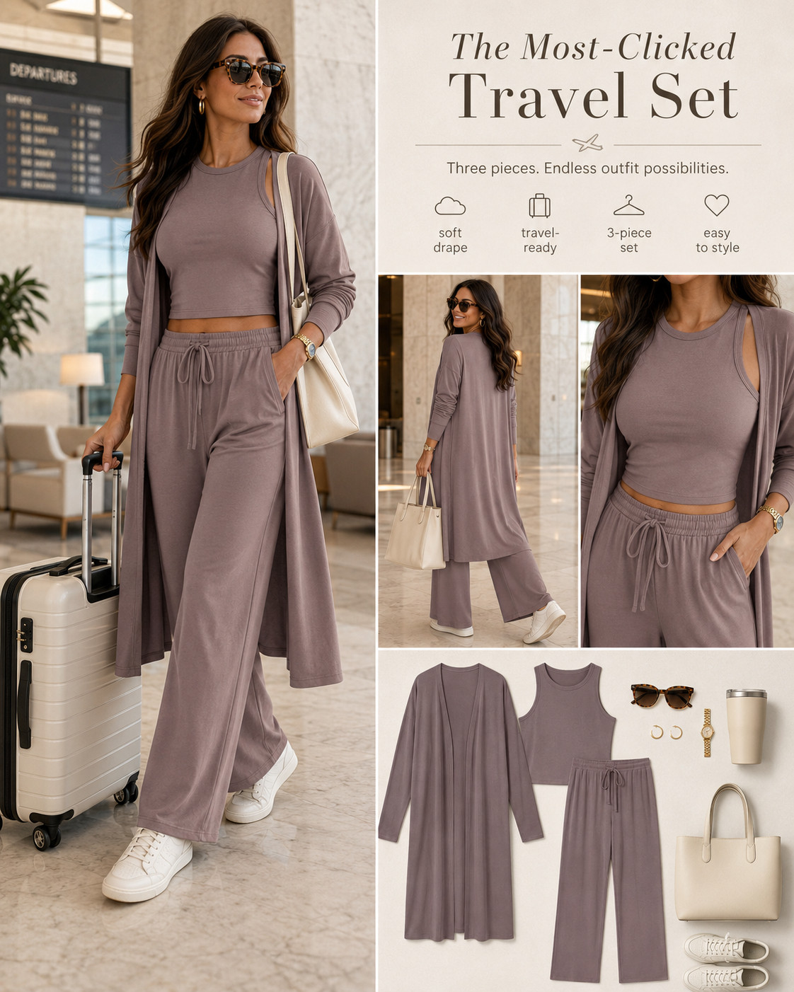 The Trendy Queen 3-piece lounge set that makes airport style look polished, comfortable, and completely effortless. ✈️

This Trendy Queen matching set includes a fitted cropped tank, flowy wide-leg pants, and a long open-front cardigan—giving you one complete travel outfit plus endless ways to mix and match. 

The soft mushroom taupe color looks elevated and expensive, while the relaxed drape keeps it comfortable enough for long flights, road trips, and all-day wear.

The high-rise drawstring pants create an easy, flattering fit, the cropped tank keeps the silhouette balanced, and the long cardigan adds coverage without making the outfit feel bulky. 

Wear all three pieces together for a polished monochromatic airport outfit, then remove the cardigan after landing or style each piece separately with denim, leggings, bodysuits, and other neutral basics.

Perfect for airport outfits, vacation travel, resort mornings, hotel lounging, coffee runs, errands, working from home, and casual weekends. 

Add white sneakers, gold jewelry, oversized sunglasses, and a structured cream tote for the easiest quiet-luxury travel look.

Three versatile pieces, multiple outfits, and zero stressful outfit planning—this is the Trendy Queen travel set you’ll be glad you packed.

📌 SAVE this elevated 3-piece travel set before your color and size sell out!

Everything is linked! ↓

#LTKActive #LTKSaleAlert #LTKTravel