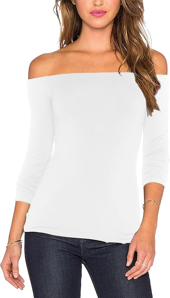 Sarin Mathews Women's Sexy Off The Shoulder Tops Long Sleeve Slim Fit Stretchy Shirts Blouses Top | Amazon (US)