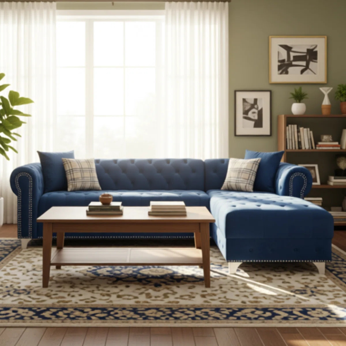 Joannette Polyester Blend Tufted Sofa & Chaise Sectional with Nailhead Trim | Wayfair North America