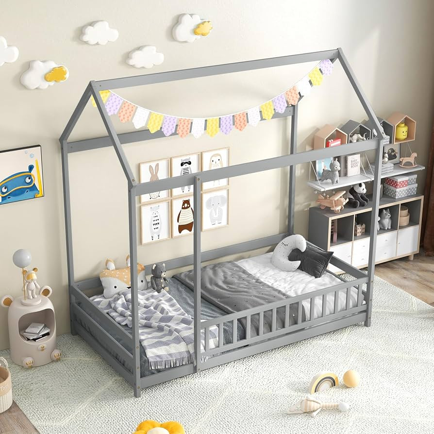 KOMFOTT Twin Size Floor House Bed, Wooden Montessori Bed with Roof & Full-Length Safety Guardrail... | Amazon (US)