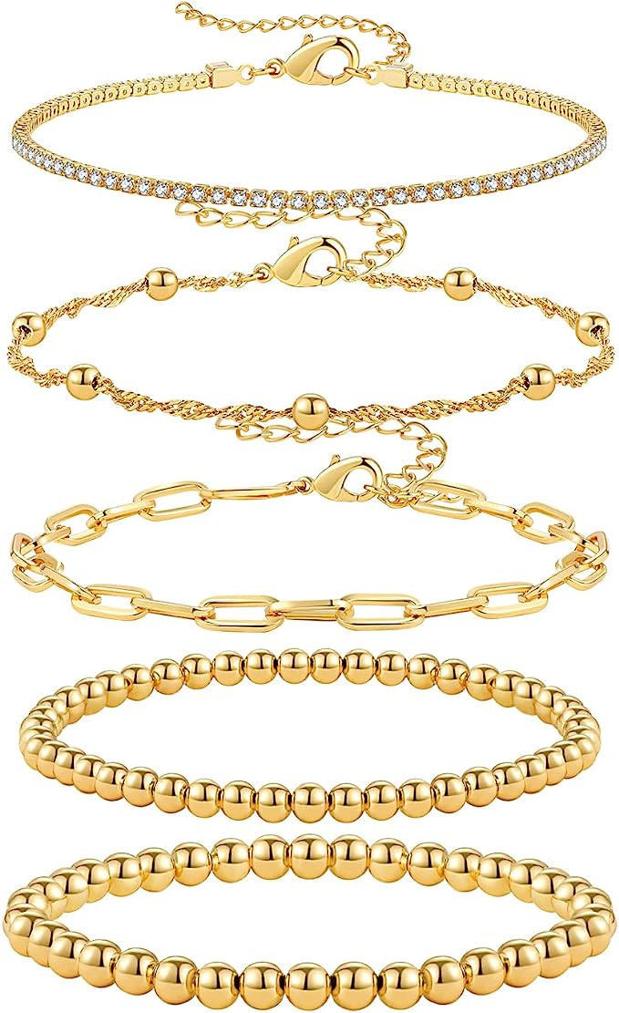 Erpels 5 Pcs Gold Bracelets for Women, 14K Gold Plated Link and Beaded Bracelets, Adjustable Laye... | Amazon (US)