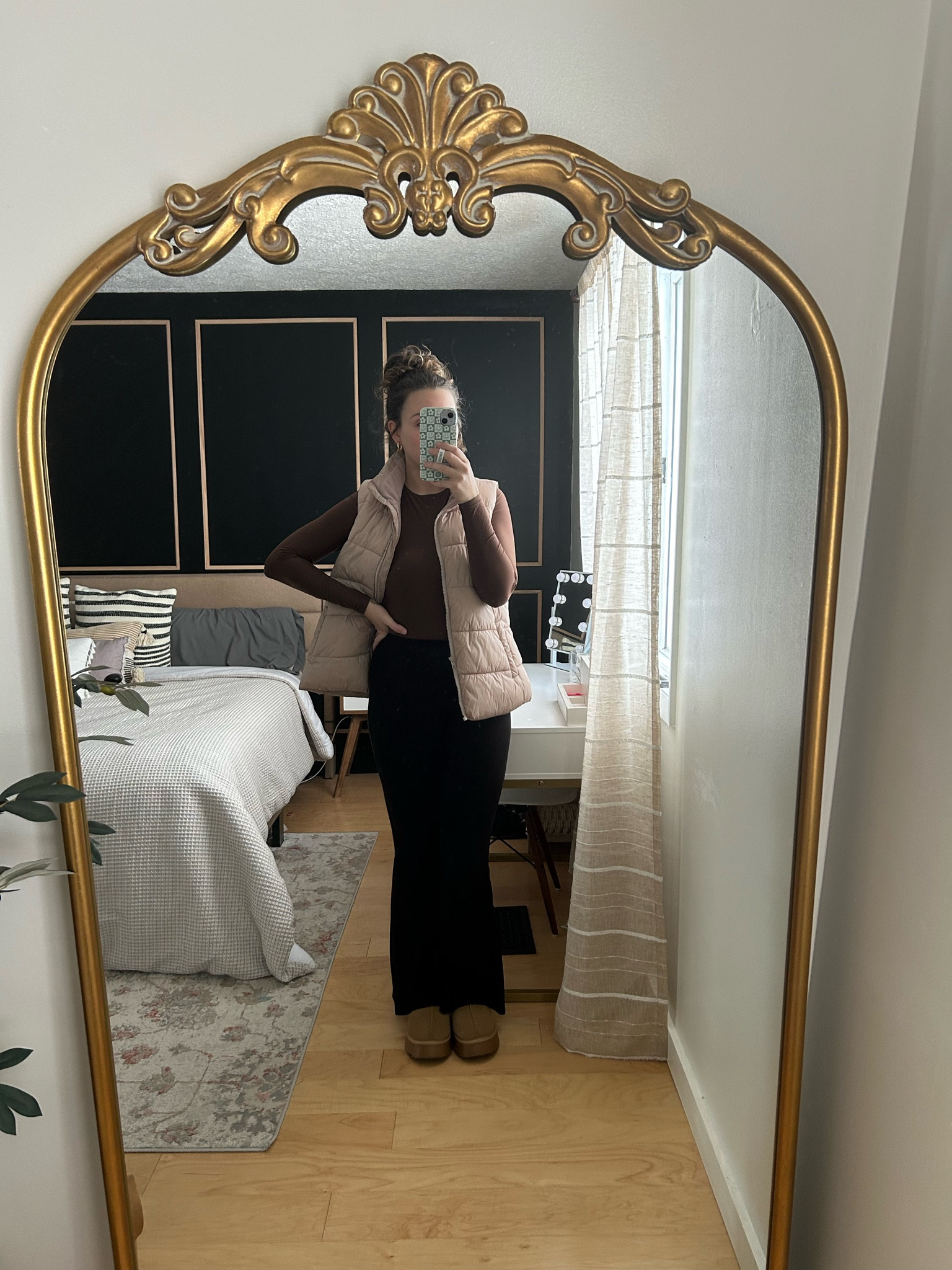 Comfy flare leggings winter vest outfit 🤎