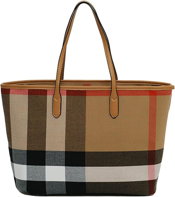 Canvas Tote Bag Large Capacity Plaid Women Casual Shoulder Bag Handbag For Outdoors Holiday Shopp... | Amazon (US)