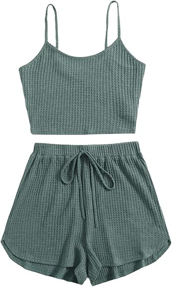 ROMWE Women's 2 Piece Pajama Set Crop Cami Tops and Shorts Lounge Set Outfit | Amazon (US)