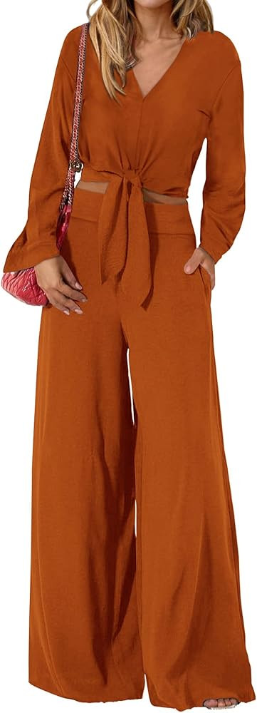 PRETTYGARDEN Women's 2 Piece Outfits 2025 Spring Casual V Neck Long Sleeve Strappy Crop Top Wide ... | Amazon (US)