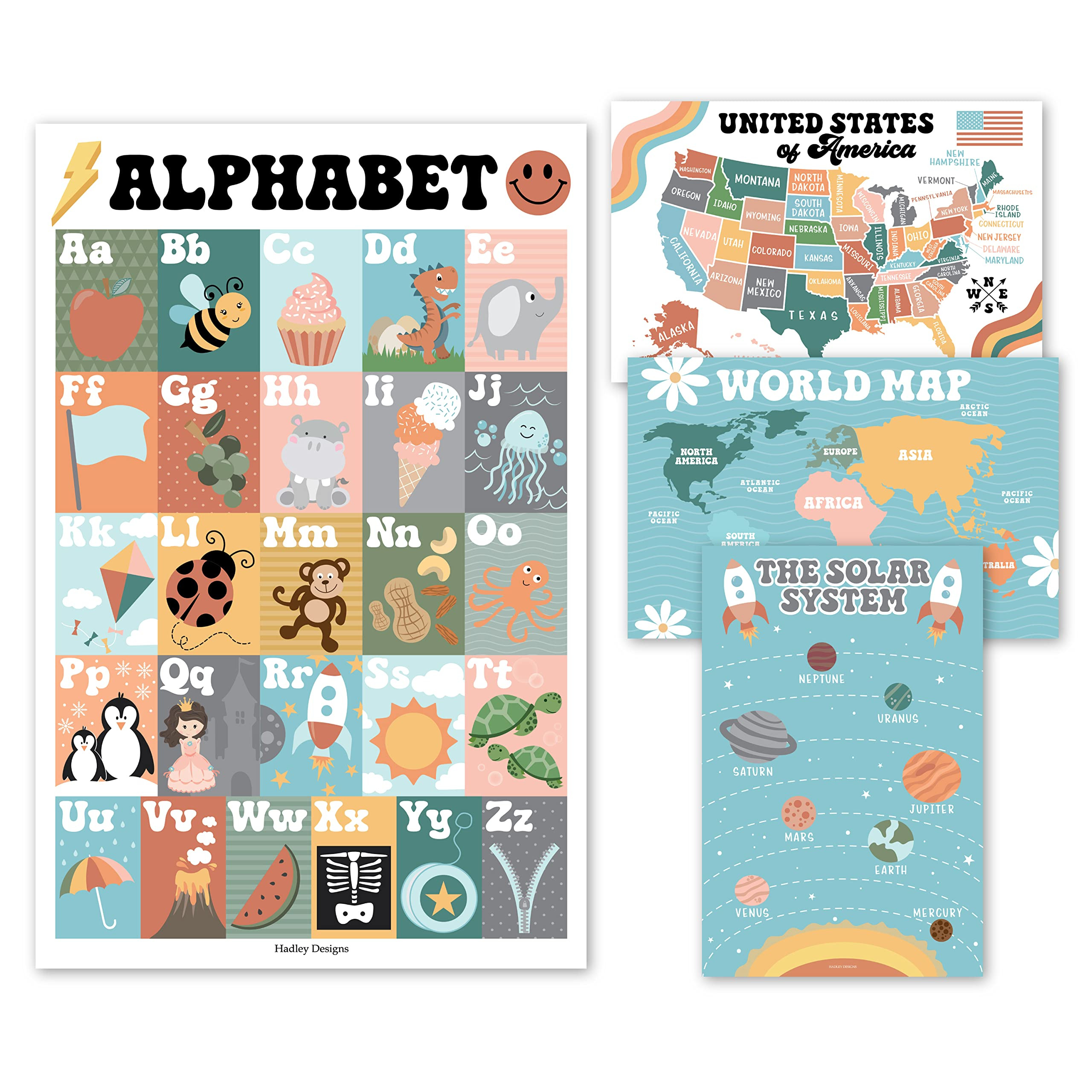 Hadley Designs 4 Alphabet, Map of United States, World Map, & Solar System Posters - Laminated AB... | Amazon (US)
