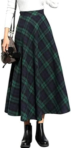 IDEALSANXUN Womens Plaid Wool Skirts Elastic Waist A-Line Pleated Tartan Long Skirts | Amazon (US)