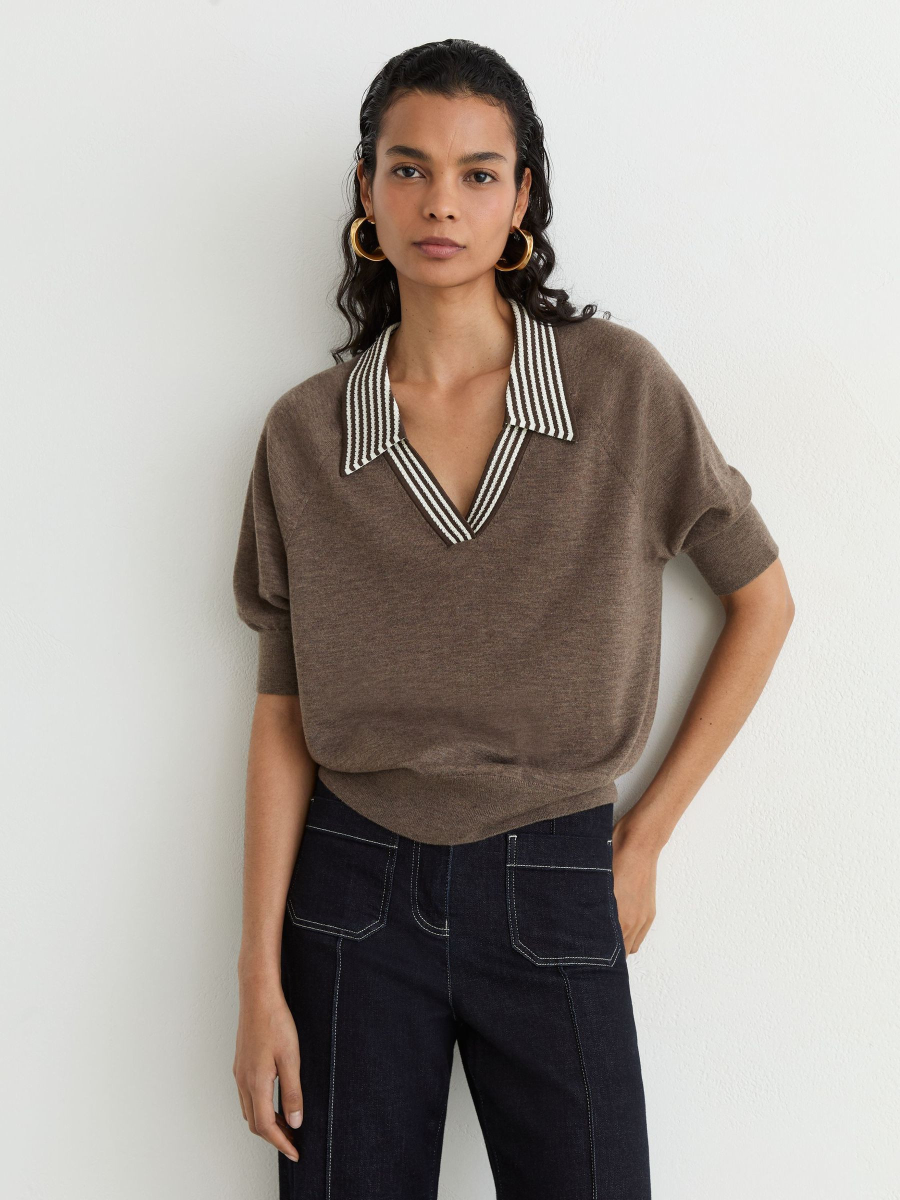Reiss Wool Open-Collar Short-Sleeve Polo Shirt in Taupe Brown - REISS | Reiss UK