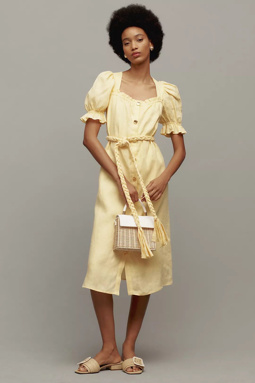 English Factory Puff-Sleeve Button-Front Linen Midi Dress | Anthropologie (US)