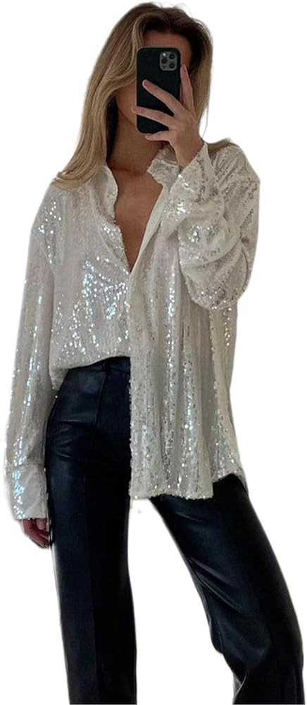 Sequin Button Down Shirt for Women Long Sleeve Sparkle Glitter Top Y2k Oversized Shimmer Streetwe... | Amazon (US)