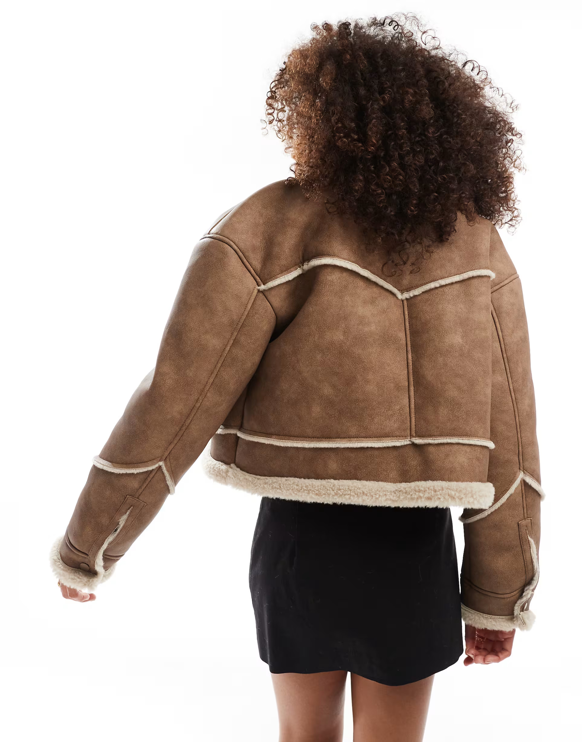 Bershka shearling trim faux suede jacket in dark tan | ASOS (Global)
