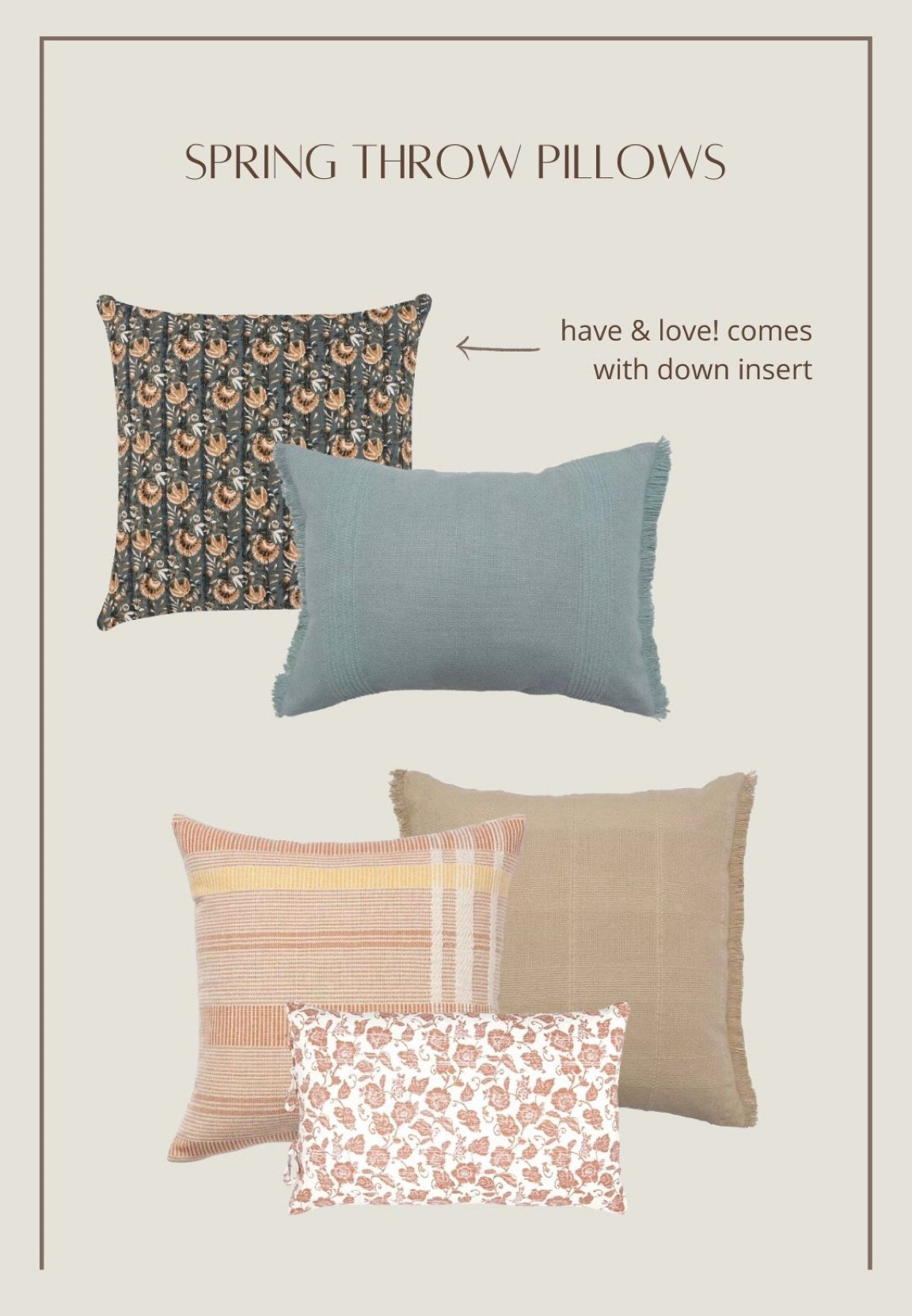 Kohl’s is so underrated for decorative pillows! I typically replace the inserts but these you DON’T NEED TO! They come with down inserts already. Such great prices too! 

Throw pillow, decorative pillows, spring decor, home decor, home styling, pillows, accent pillows 



#LTKstyletip #LTKfindsunder50 #LTKhome