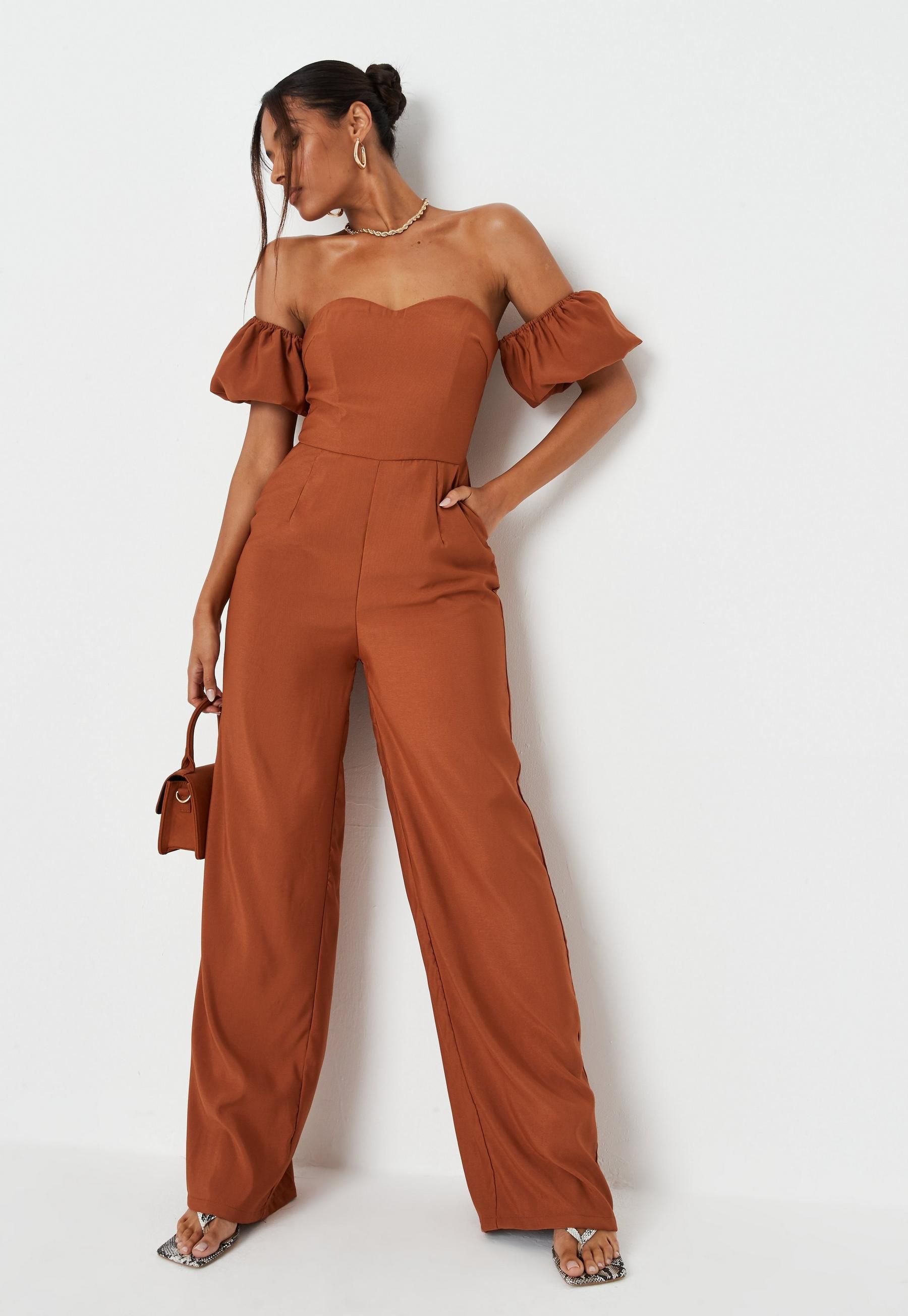 Missguided - Tan Cold Shoulder Puff Sleeve Jumpsuit | Missguided (US & CA)