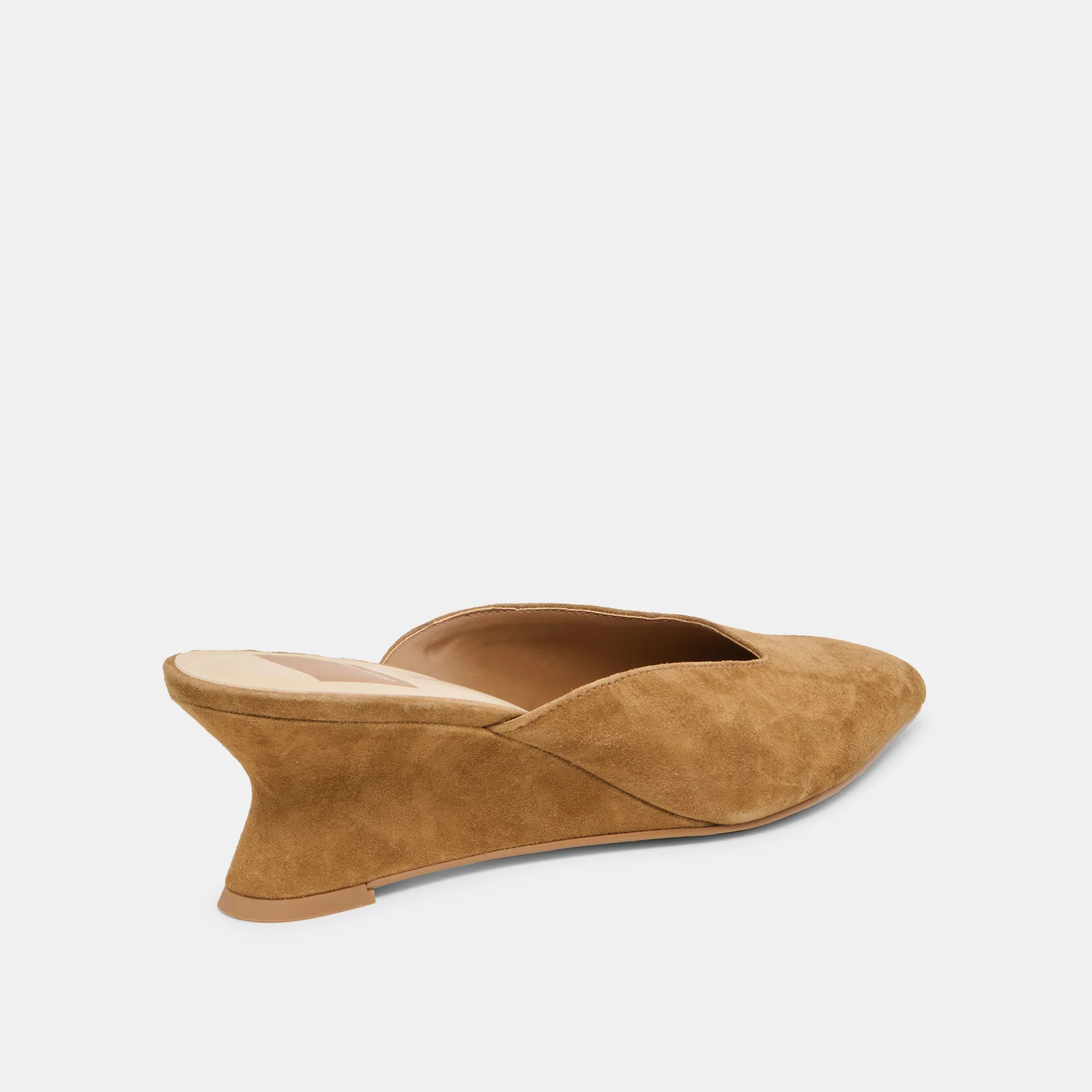 CAMY Cognac Suede Closed-Toe Slip-On Wedge Mules | Dolce Vita | DolceVita.com