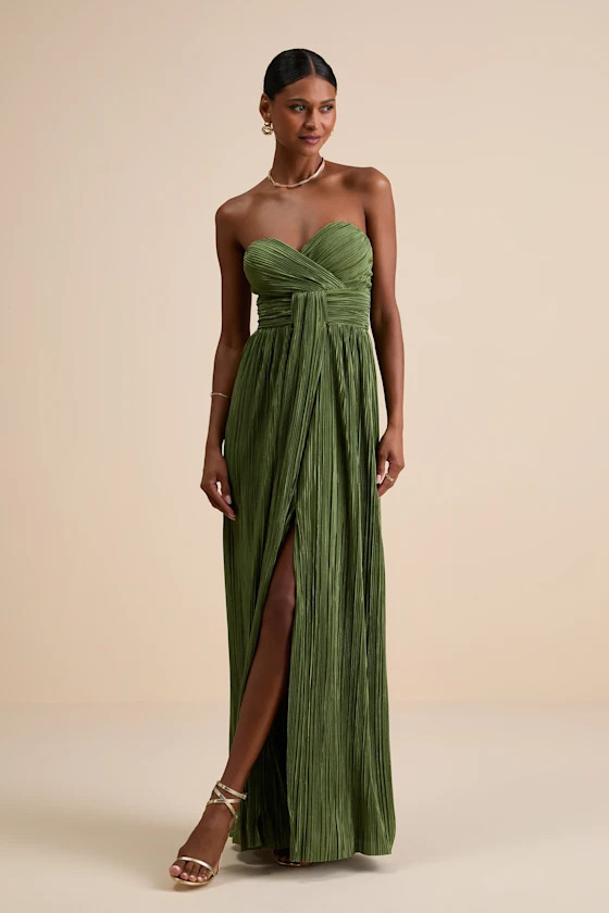 Oswin Olive Green Satin Plisse Strapless Maxi Dress | Lulus