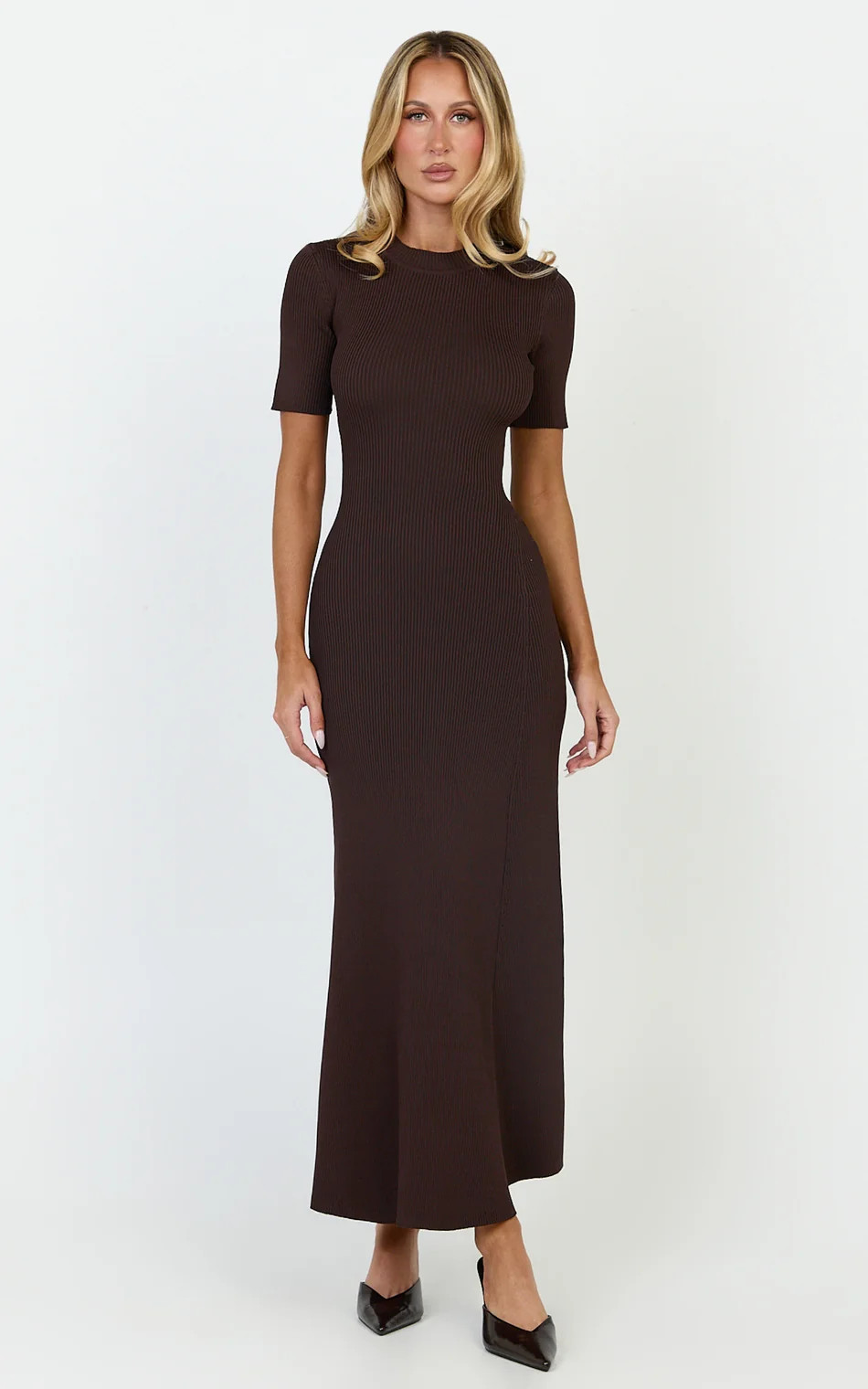 Knitted Crew Neck Short Sleeve Dress in Chocolate | Showpo (US, UK & Europe)