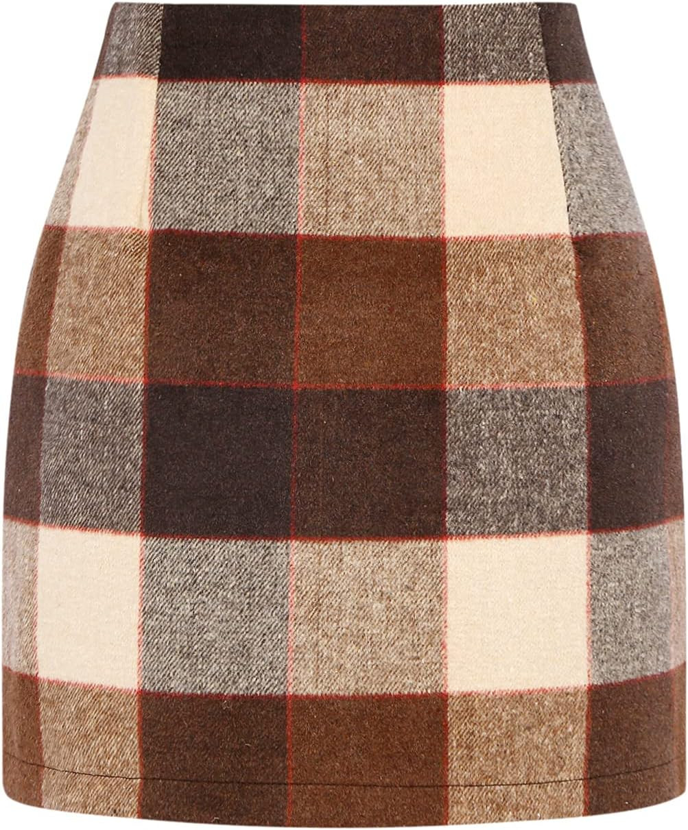 Womens High Waist Plaid Skirt Bodycon Pencil Wool Mini Skirts | Amazon (US)
