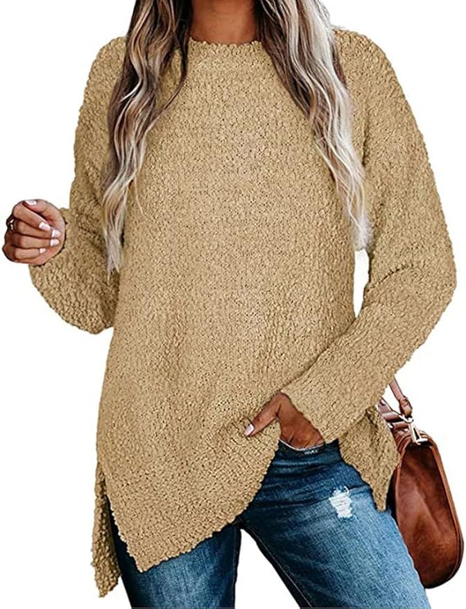 Qearal Women's Long Sleeve Fuzzy Knitted Sweater Popcorn Side Split Loose Pullover Tops | Amazon (US)
