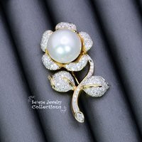 South Sea Pearl Diamond 18K Yellow Gold Flower Brooch Vintage | Etsy (US)