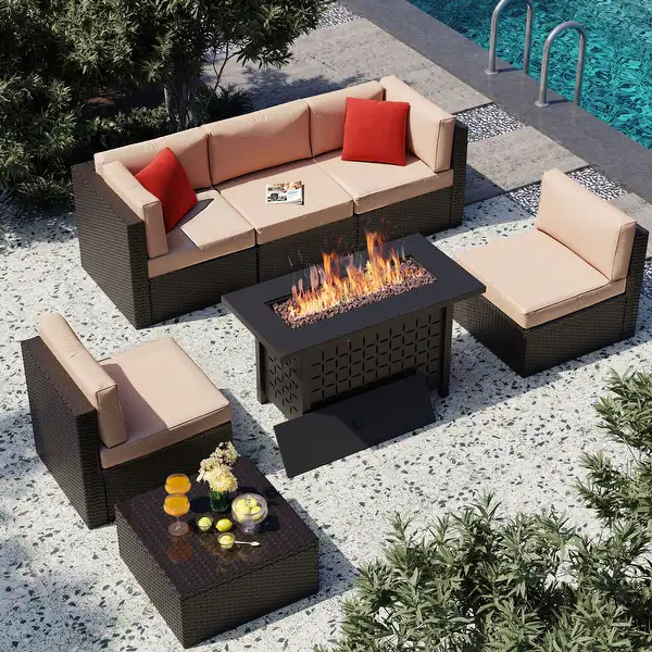 7 Piece Sectional Seating Group with Cushions and Fire Pit | Bed Bath & Beyond