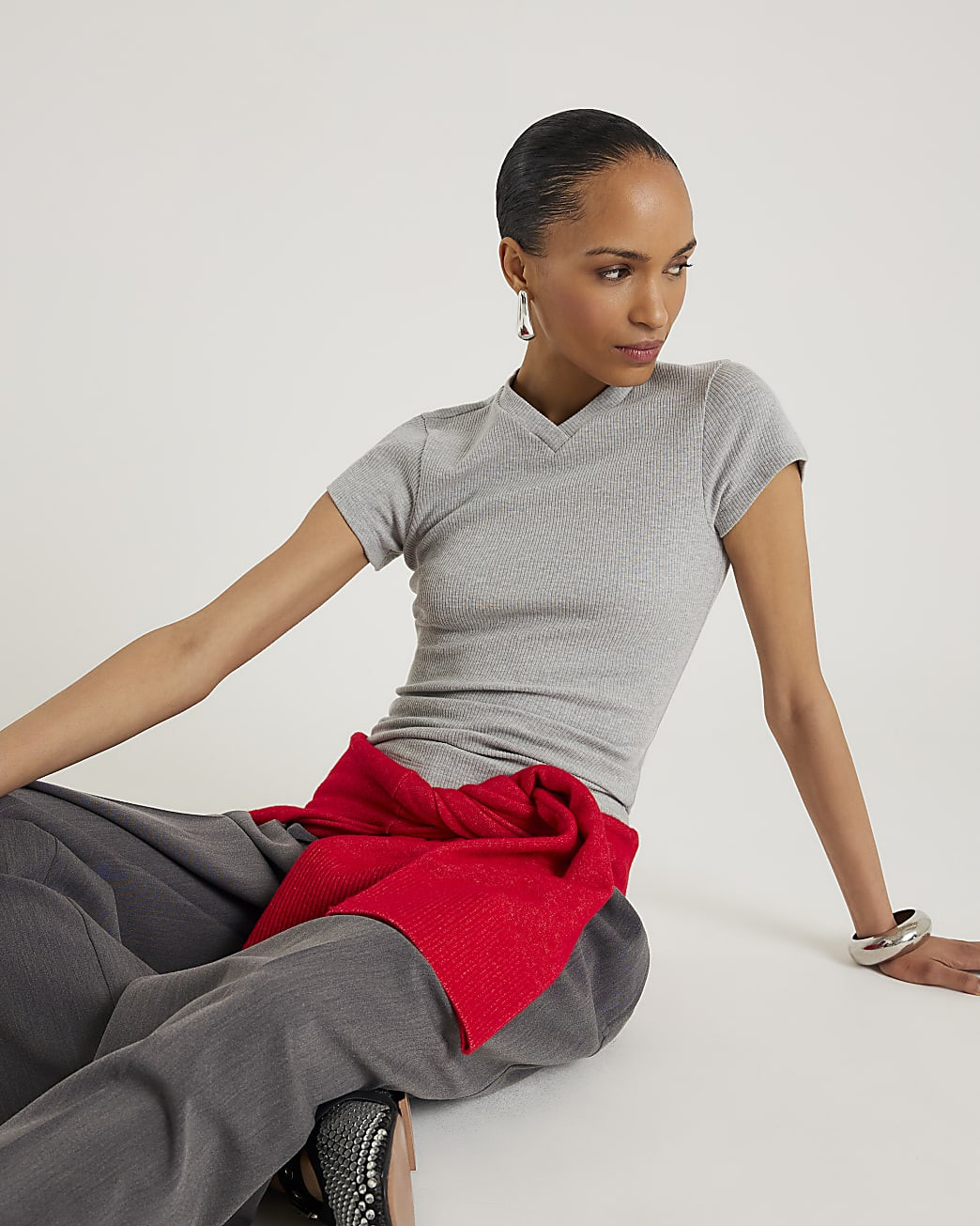 Grey Short Sleeve High V Neck Ribbed Top | River Island UK & IE