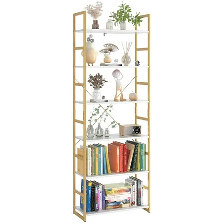 Homfa 6 Tier White and Gold Bookshelf Free-Standing Storage Shelf with Metal Frame Tall Organizer Un | Walmart (US)