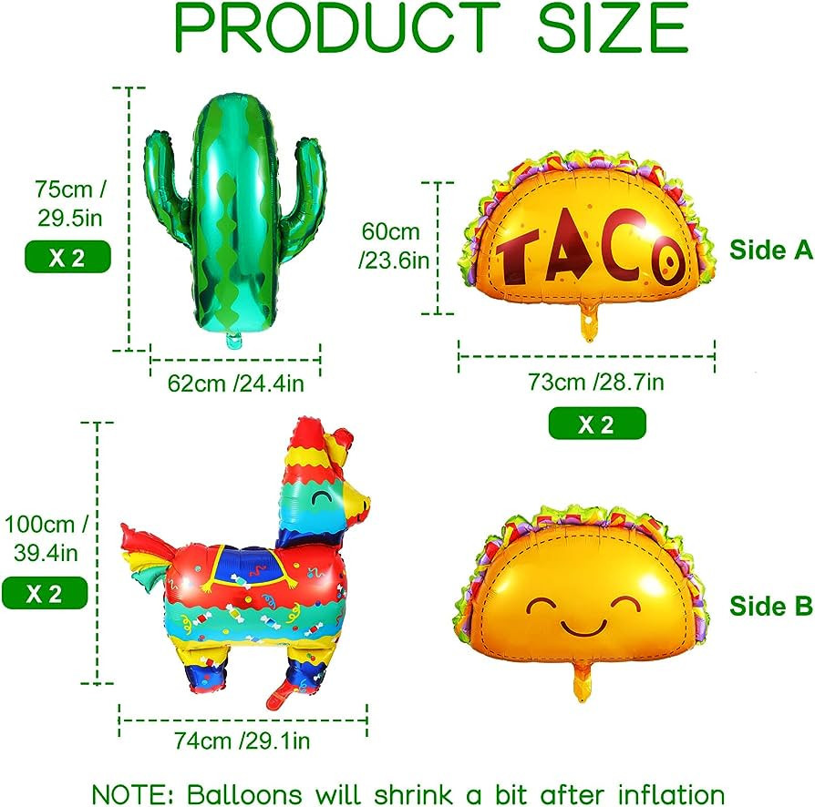 6 Pieces Mexican Fiesta Theme Party Balloons Mexican Taco Llama Cactus Jumbo Foil Balloons Mexica... | Amazon (UK)