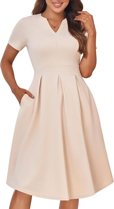 YATHON Womens Elegant Print Notched Neck Slant Pocket Pleated Hem Casual A-Line Dress | Amazon (US)