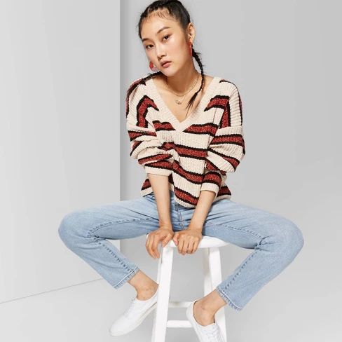 Women's Striped Long Sleeve  V-Neck Sweater - Wild Fable™ Beige/Brown | Target