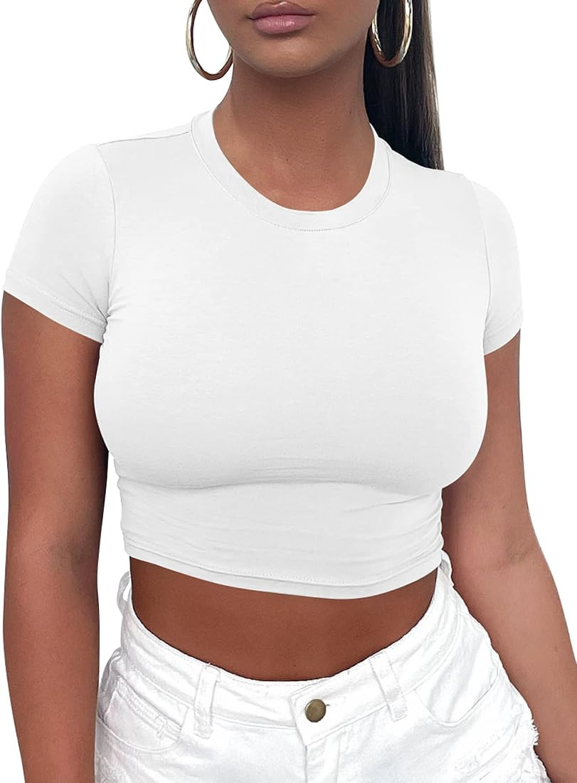 Kaximil Women's Basic Tight Shirts Short Sleeve Crew Neck Sexy Crop Tops Teen Girls | Amazon (US)