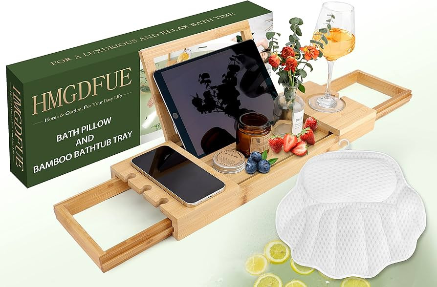 Bath Pillow and Bamboo Bathtub Caddy Tray Set for Luxury Bath, Bathtub Pillow and Expandable Bath... | Amazon (US)